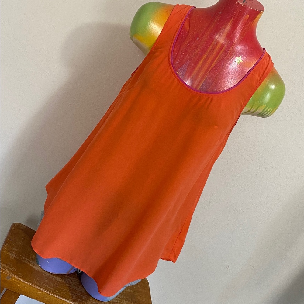 Maeve Silk Sheer Bright Orange Sleeveless Camisole Top with Pink Trim
